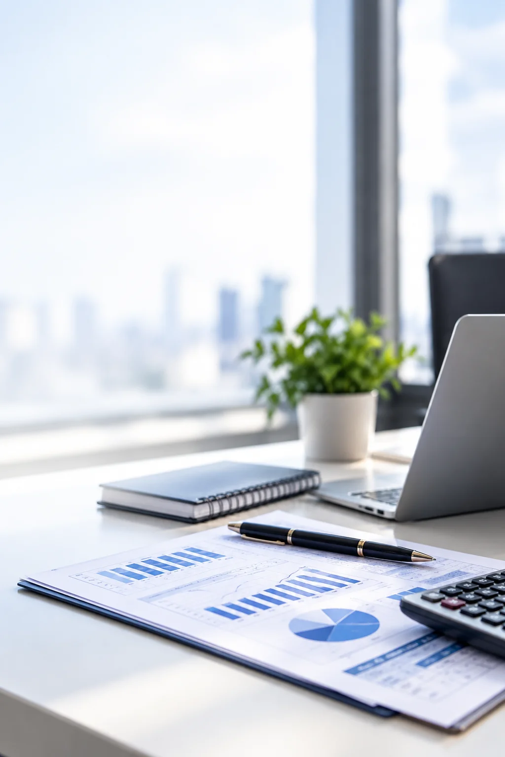Escritorio profesional con reportes contables, computadora y calculadora